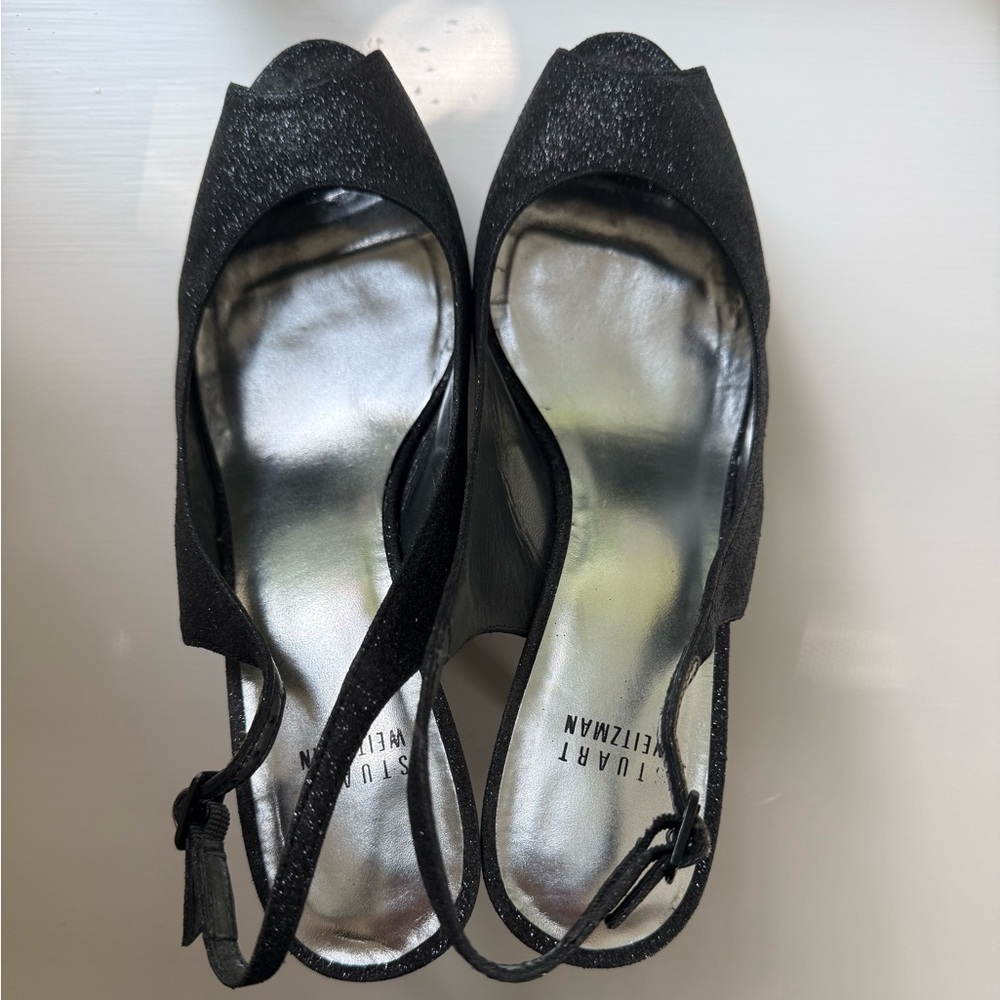 Stuart Weitzman, 4 inch black glitter platform, heeled dress shoes, size 9 1/2